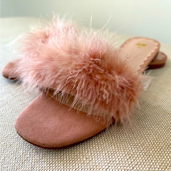 H&M Feathered Mules Slippers NWT Mauve Fluffy Sueded Low Heel Romance Boudoir 38 - Picture 3 of 8
